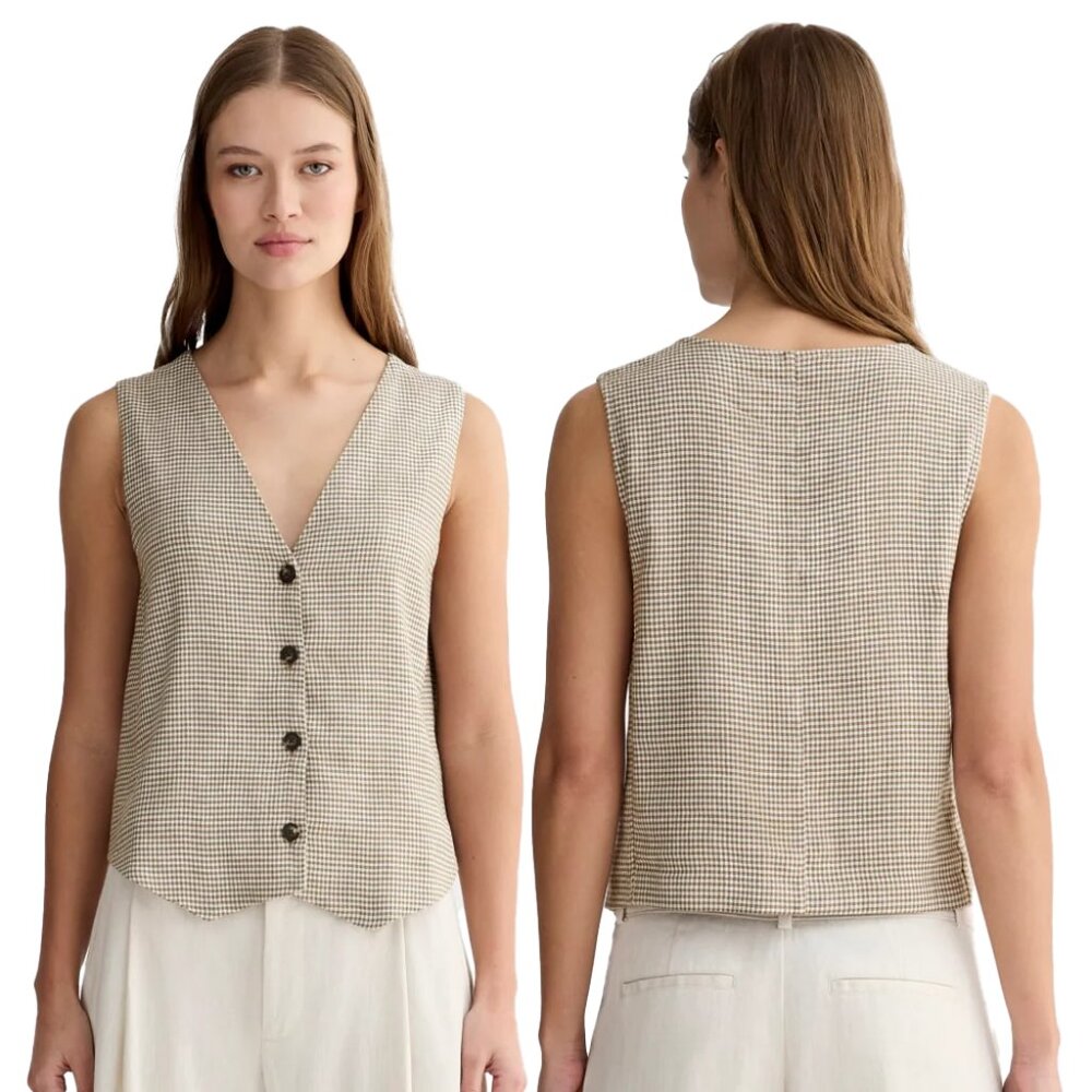 Everlane Taupe Gingham The Vest in Stretch Linen Size 00